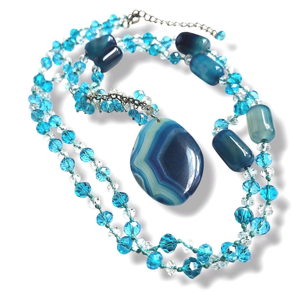 Blue Agate Slice Pendant Aqua Crystal Bead Necklace Hand Knotted 40" - 42"